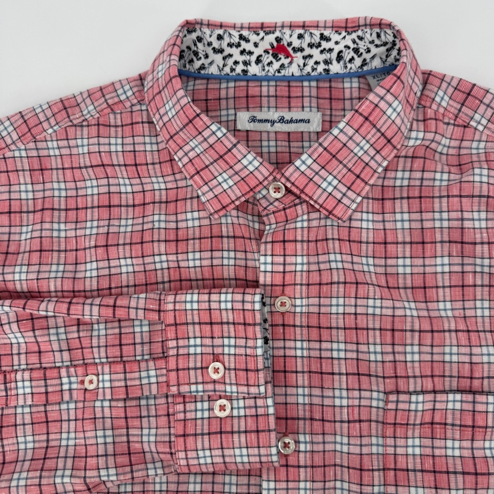 Tommy Bahama Mens XL Pink Plaid Linen Blend Long Sleeve Button Down Shirt